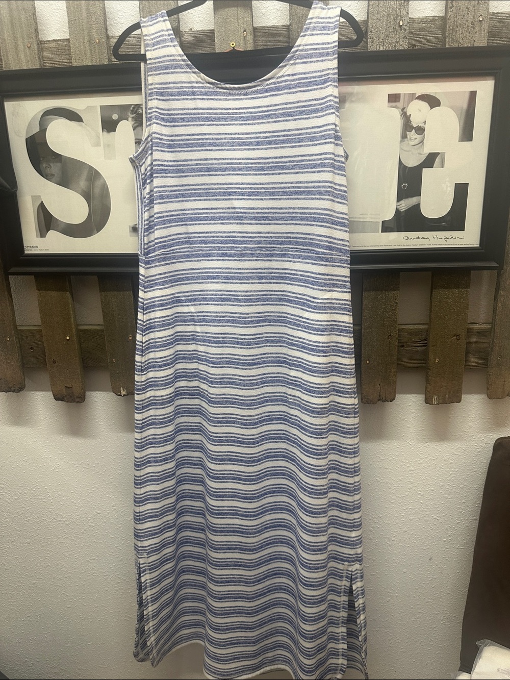 Blue and White Striped Sleeveless Maxi Dress M